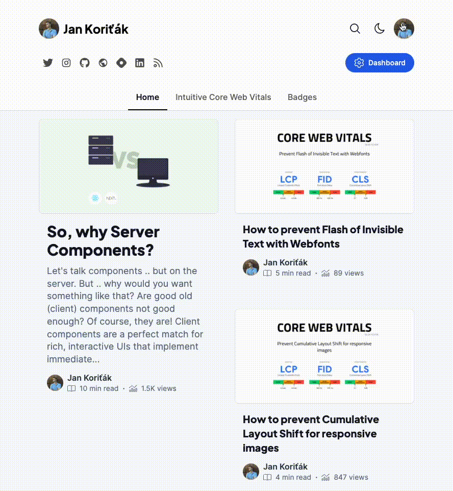 A blog dropdown menu rendering underneath an article tile
